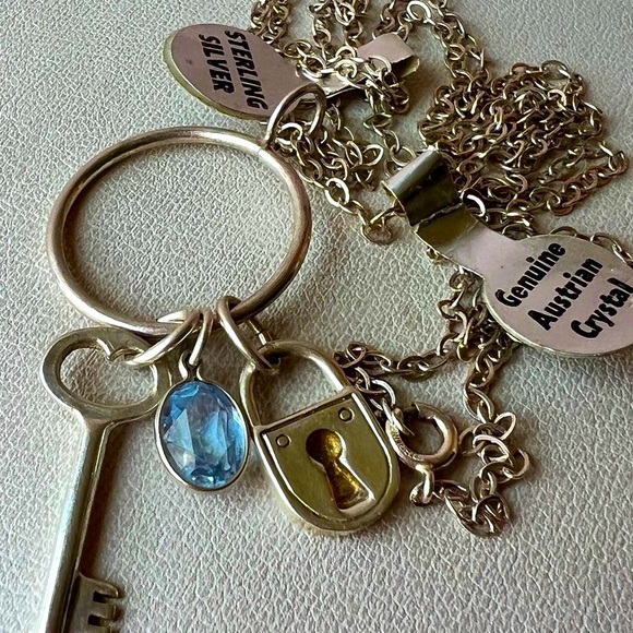 KEY, LOCK, BLUE CRYSTAL LARIAT PENDANT NECKLACE LONG CHAIN 925 STERLING SILVER